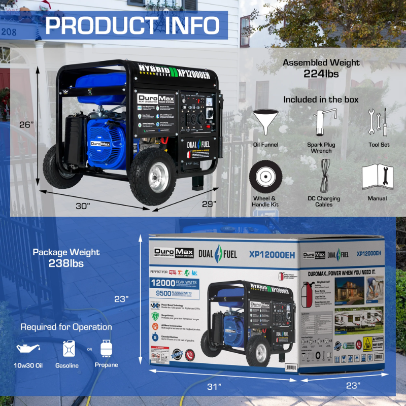 Generador portátil de combustible dual DuroMax de 12000 vatios